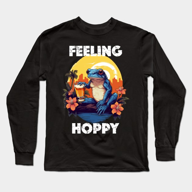 Coqui Frog Holding a Beer - Feeling Hoppy (White Lettering) Long Sleeve T-Shirt by VelvetRoom